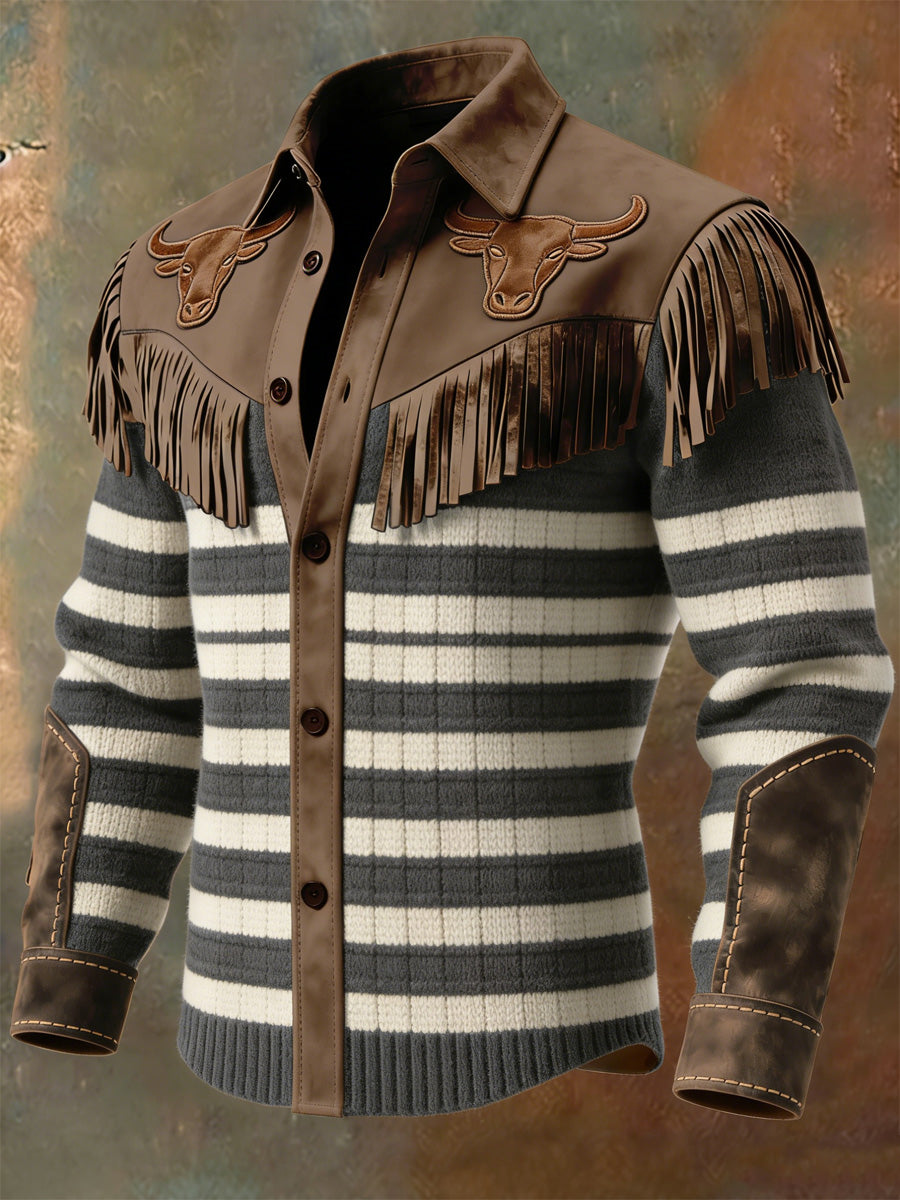 Men's Retro Western Style Art Print Vintage Tassel Casual Long Sleeve Shirt